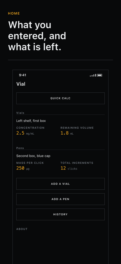 Vial's home screen, listing a vial with its concentration and remaining volume above a pen with its mass per click.